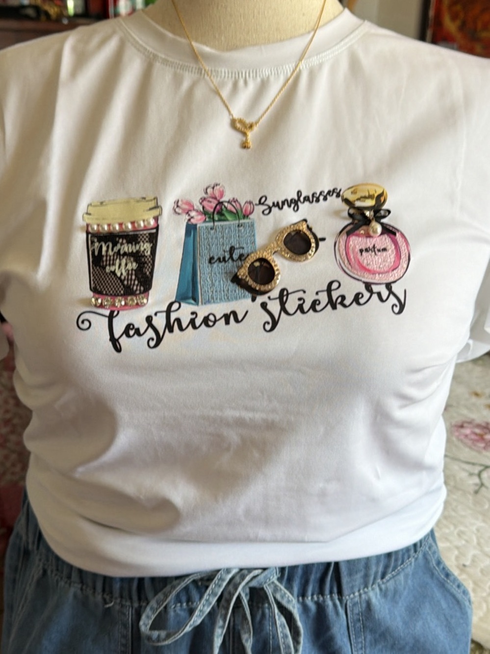 White Women's Fashion Stickers Graphic Tee